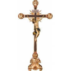 Corpus Baroque on cross with Evangelists and rays on pedestal with Titulus Crucis in hebrew - latin - greek