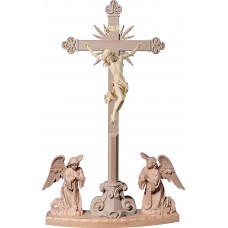 Cristo Barroco en cruz barroca con rayos en peana y ángeles arrodillados 37 cm Natural arce