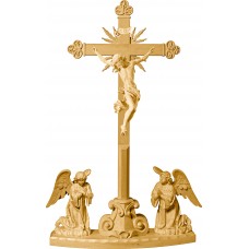Cristo Barroco en cruz barroca con rayos en peana y ángeles arrodillados 63 cm Patinado arce
