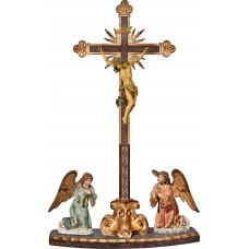 Cristo Barroco en cruz barroca con rayos en peana y ángeles arrodillados 83 cm Antiguo