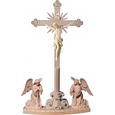 Cristo Pisa en cruz barroca con rayos en peana y ángeles arrodillados 63 cm Natural arce