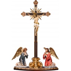 Cristo Pisa en cruz barroca con rayos en peana y ángeles arrodillados 50 cm Color arce