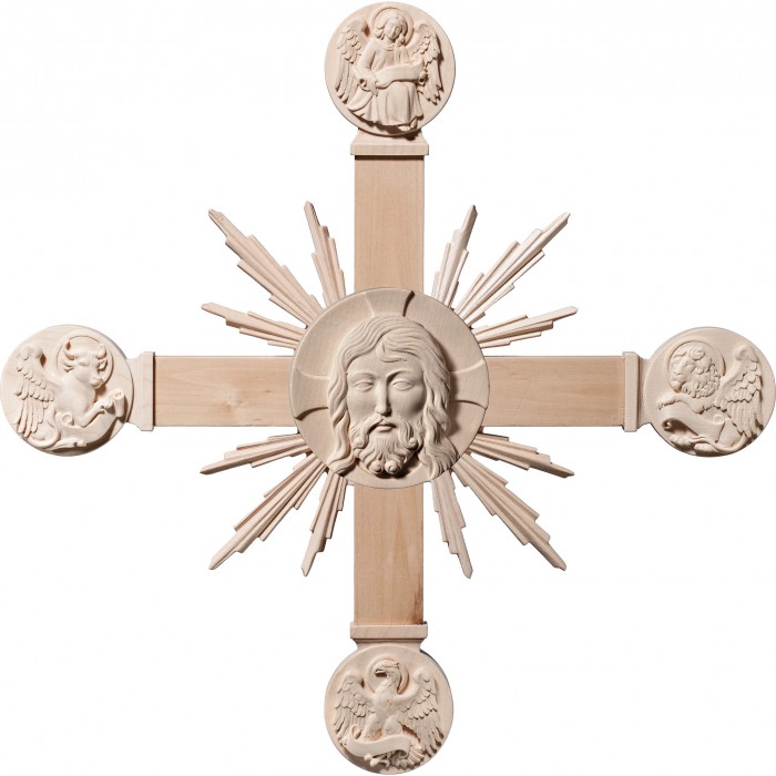 Cross with Evangelists, Head of Christ and rays 53 x 53 cm Natural maple