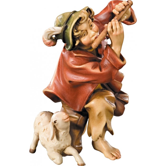 Herdsman knelling with flute and lamb 18 cm Serie Colored maple